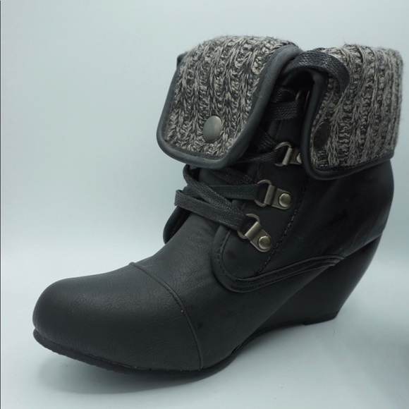 Black Wedge Booties with Grey Fold Down Cuff - Picture 2 of 5